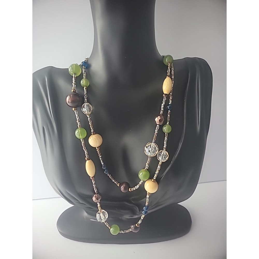 Vintage Necklace Beaded Green Clear Silver Tone Jewelry Costume